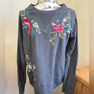 Johnny Was Charcoal Grey Cotton rich Embroidered Floral Shirt Long Sleeve M
